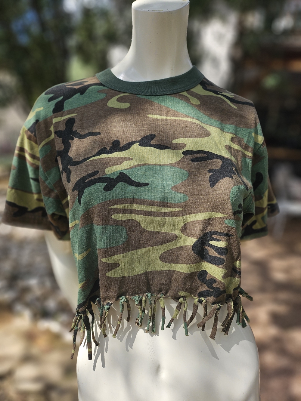 Rothco Women's Camo Camoflage Fringe Hem Crop Top - Green/Brown M